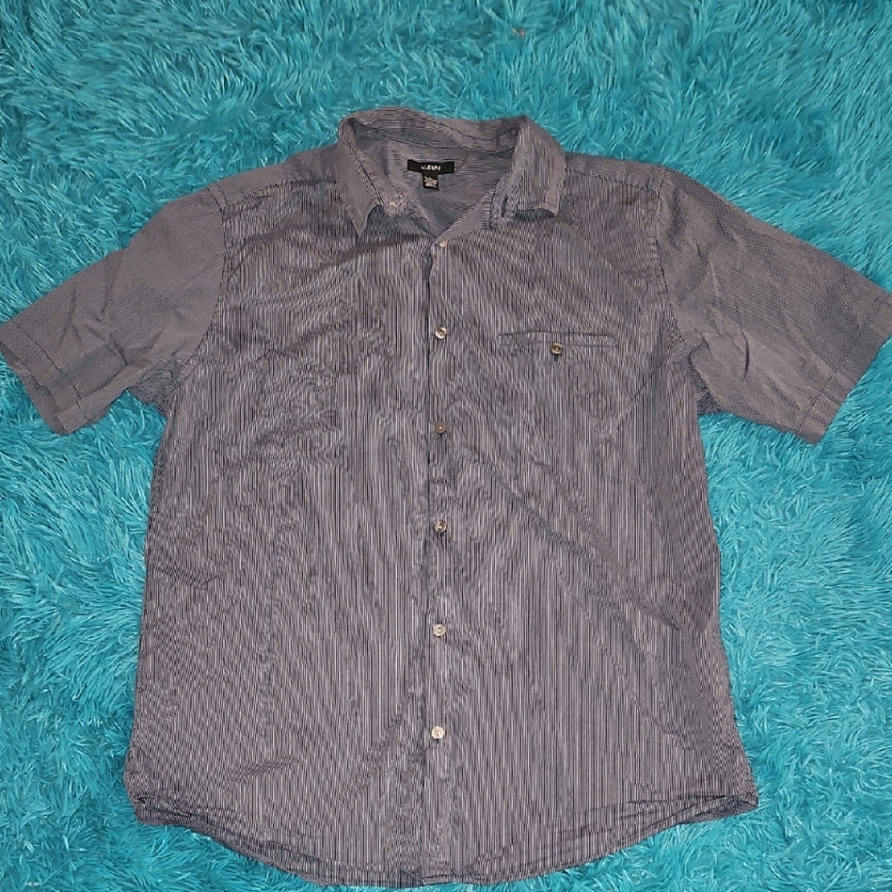 Alfani Men's Blue and White Narrow-Striped Short Sleeve Button-Down Shirt